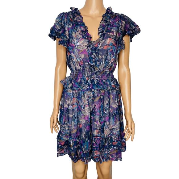 Rebecca Taylor Giverney Fleur Print Silk Blend Dress M Ruffled Cocktail Romantic - Picture 5 of 14